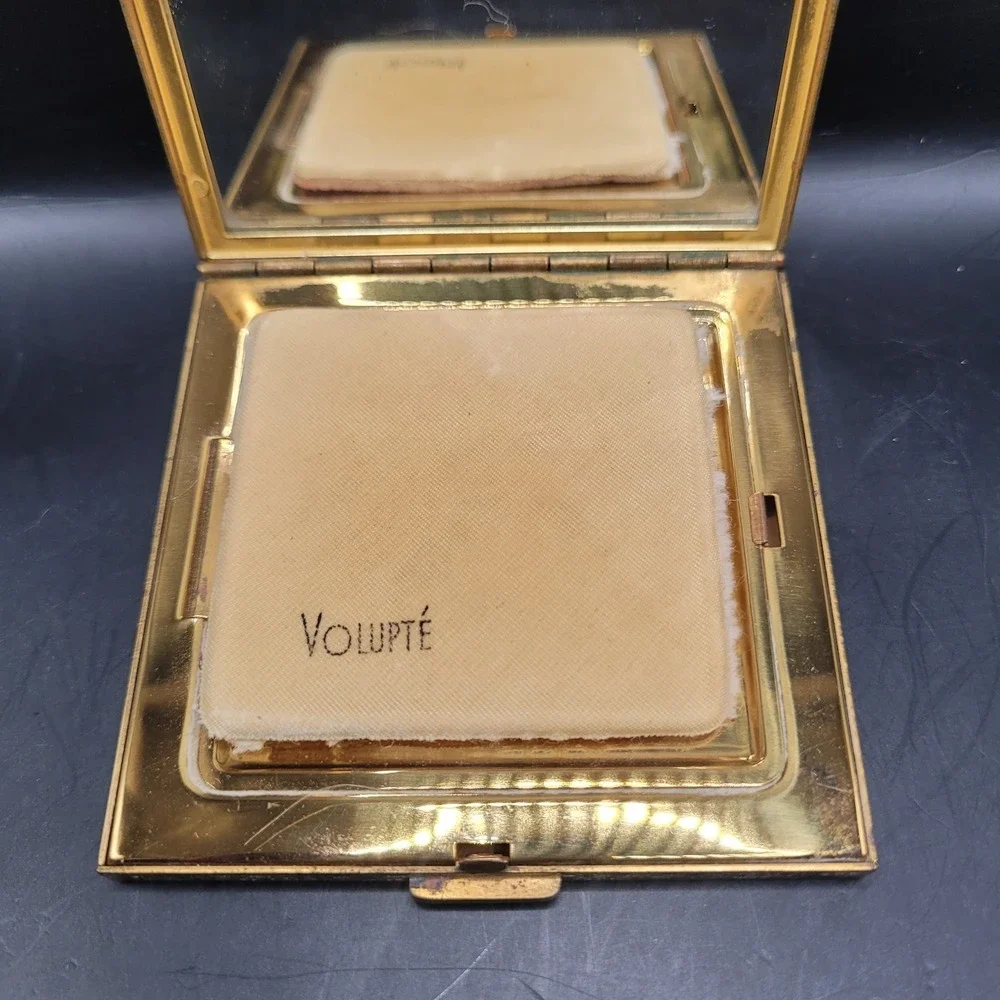 Vtg Volupte Compact Persian Brass Tiger Crane Phoenix Birds Enamel Deco Retro